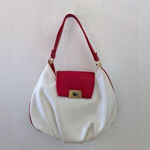 White and Red Shoulder Bag with Gold Accent